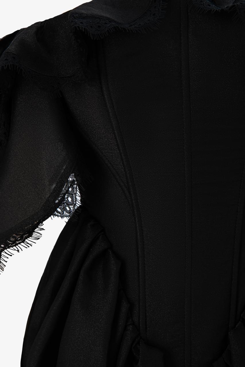 Close view of Lamballe black crepe chiffon maxi dress