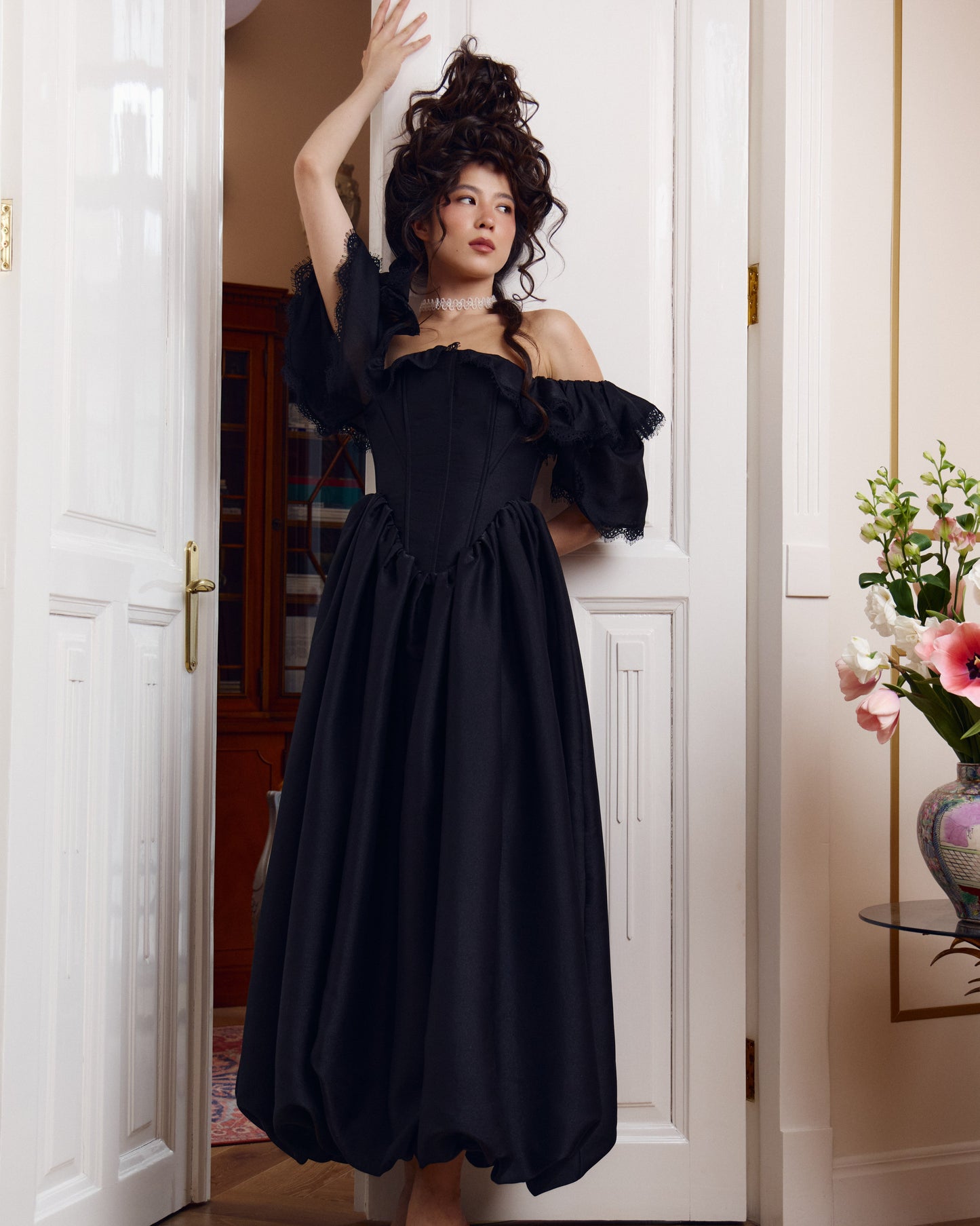 Lamballe black crepe chiffon maxi dress front view