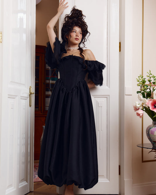 Sadovska Lamballe black chiffon corset dress, front view with lace-trimmed off-shoulder sleeves