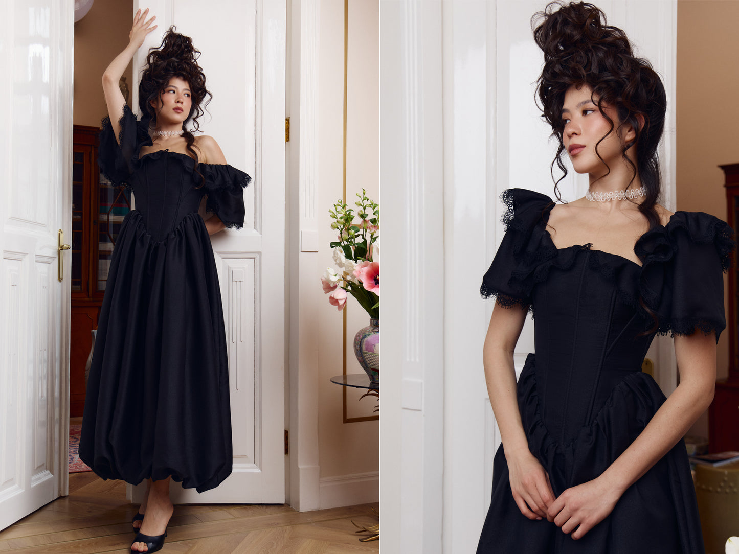 Luxury black maxi dress with feminine silhouette