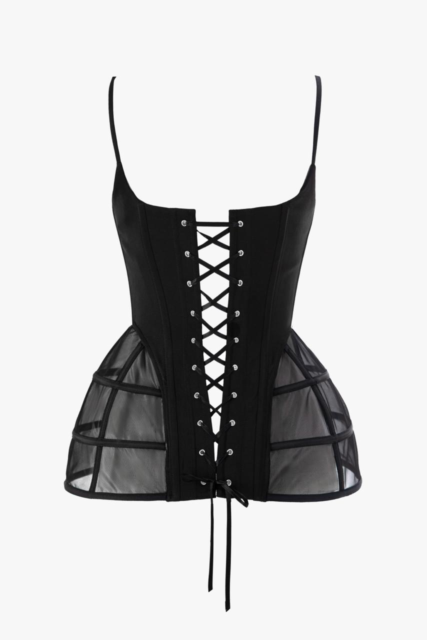 Structured satin corset with adjustable back lacing
