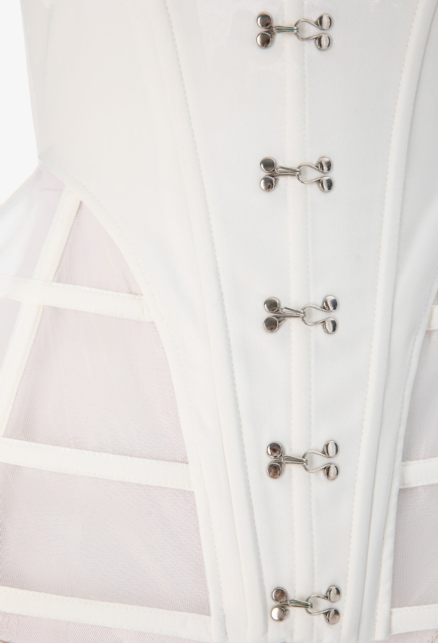 Close-up of front hook fastening on satin corset