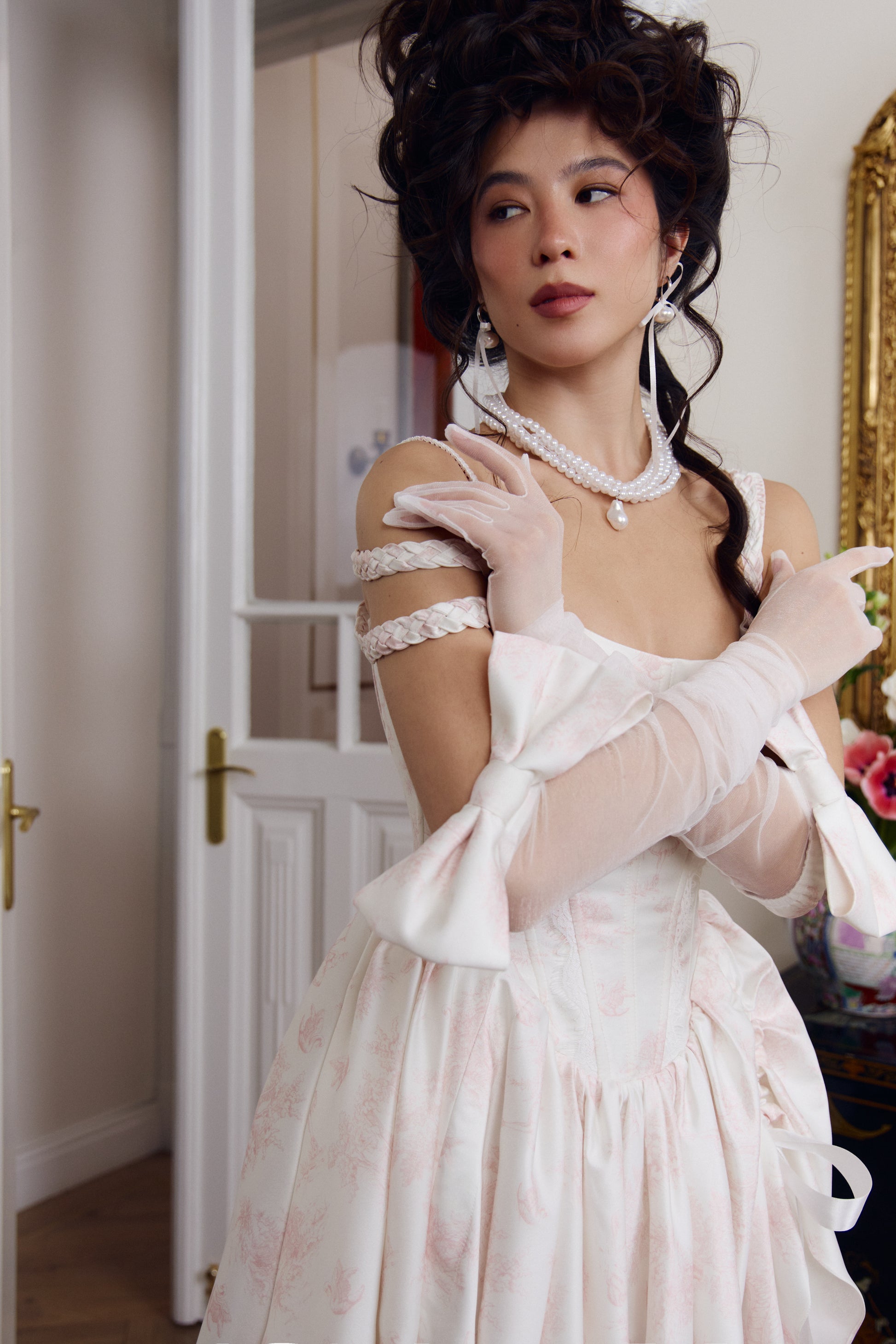 Ivory satin corset dress side view