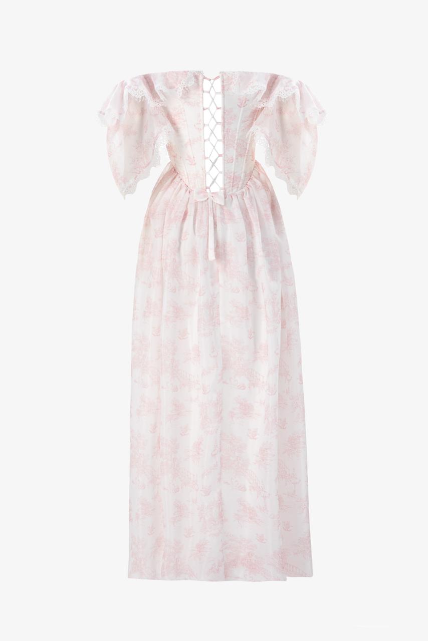 Back view of Lamballe ivory organza maxi dress