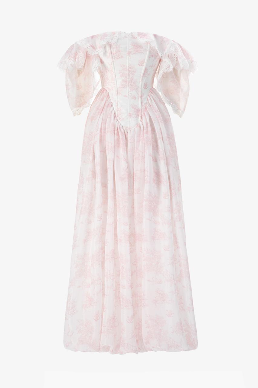 Front view of Lamballe ivory organza maxi dress
