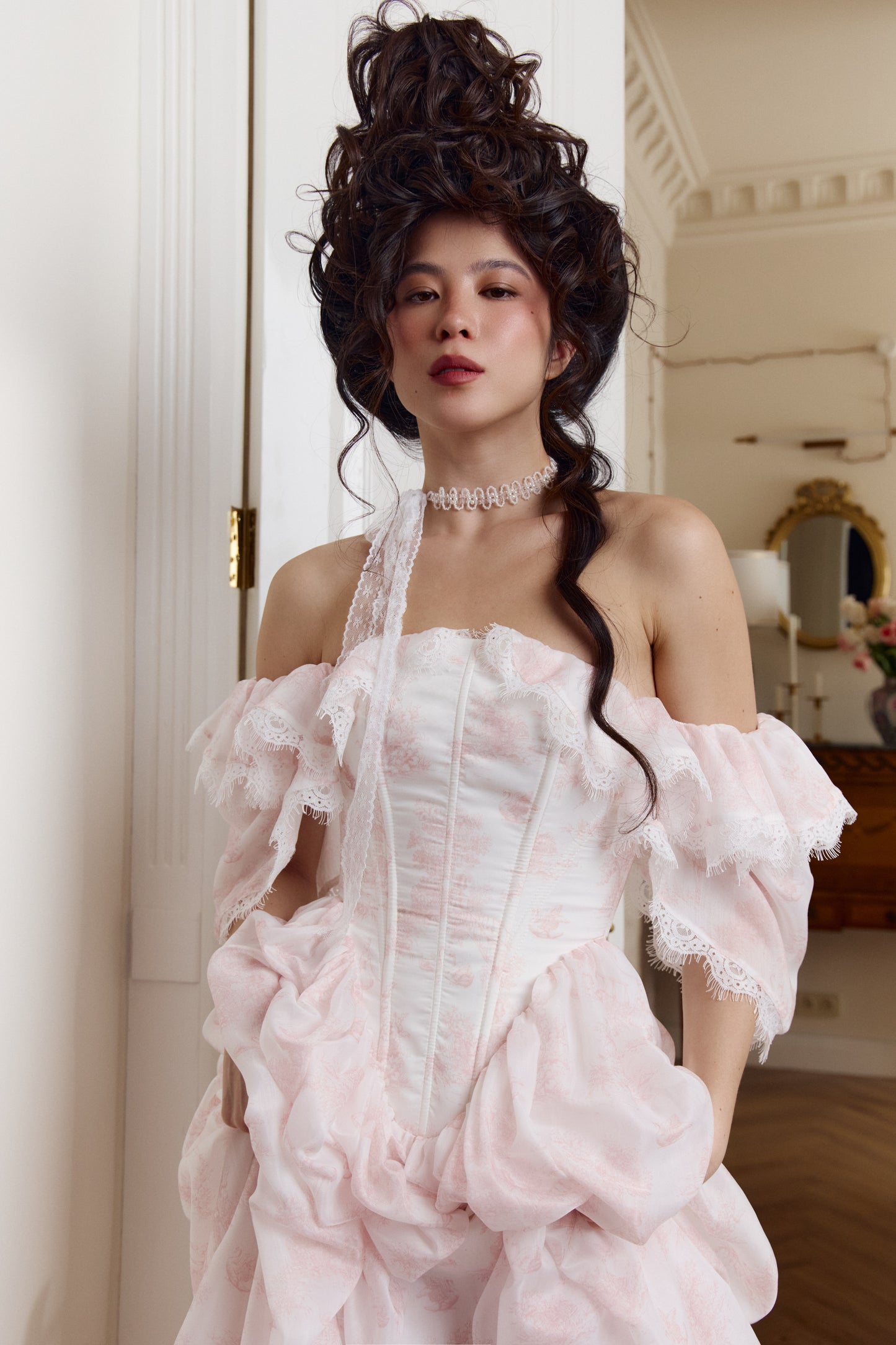 Ivory organza maxi dress with designer print