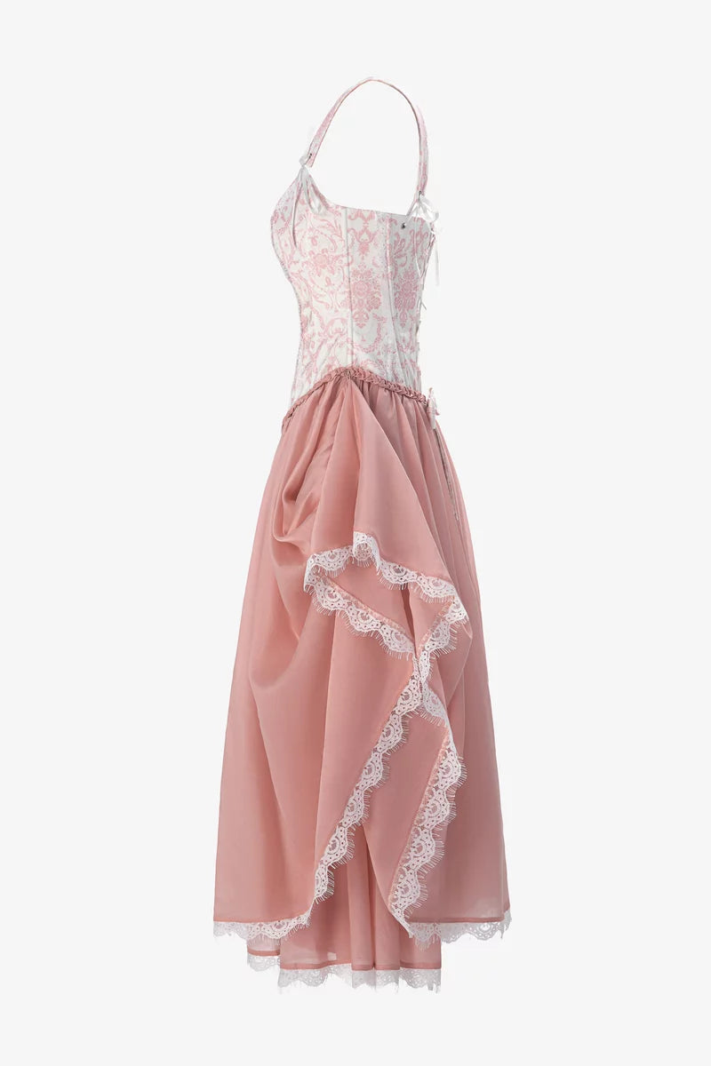 Jeanne pink satin maxi dress with print