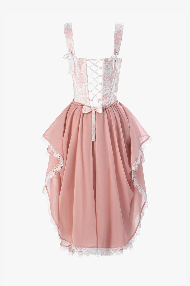 Jeanne pink satin maxi dress with print