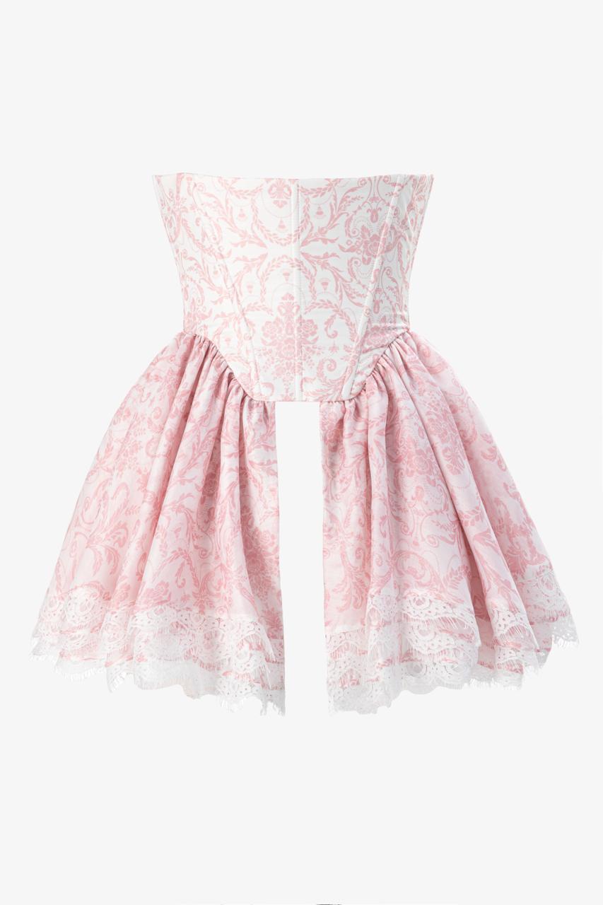 White designer corset with exclusive floral artwork back view