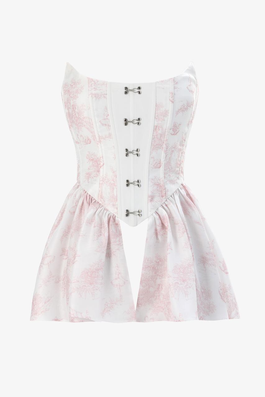 Minimalist ivory corset and mini skirt look