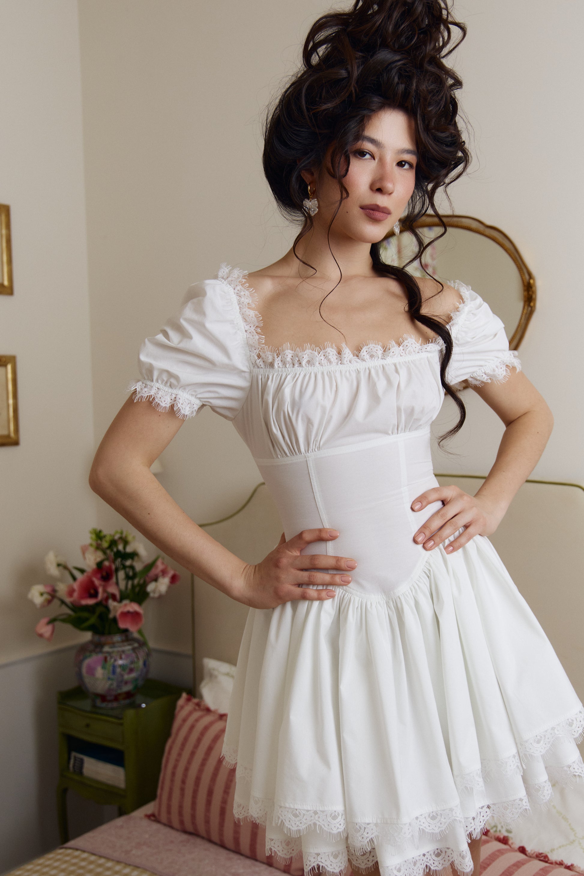 White cotton corset mini dress with puff sleeves