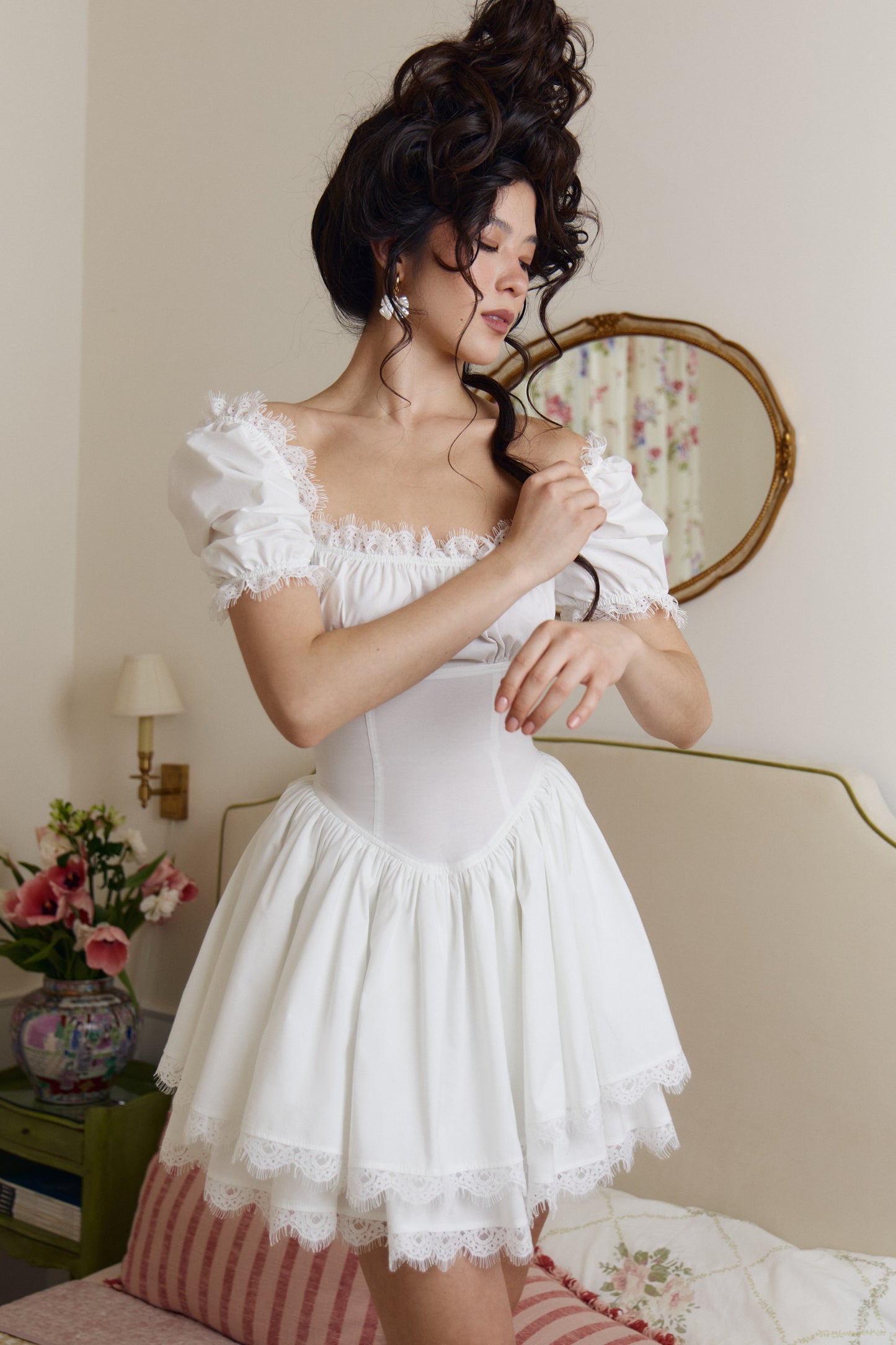 White corset dress with double layered skirt