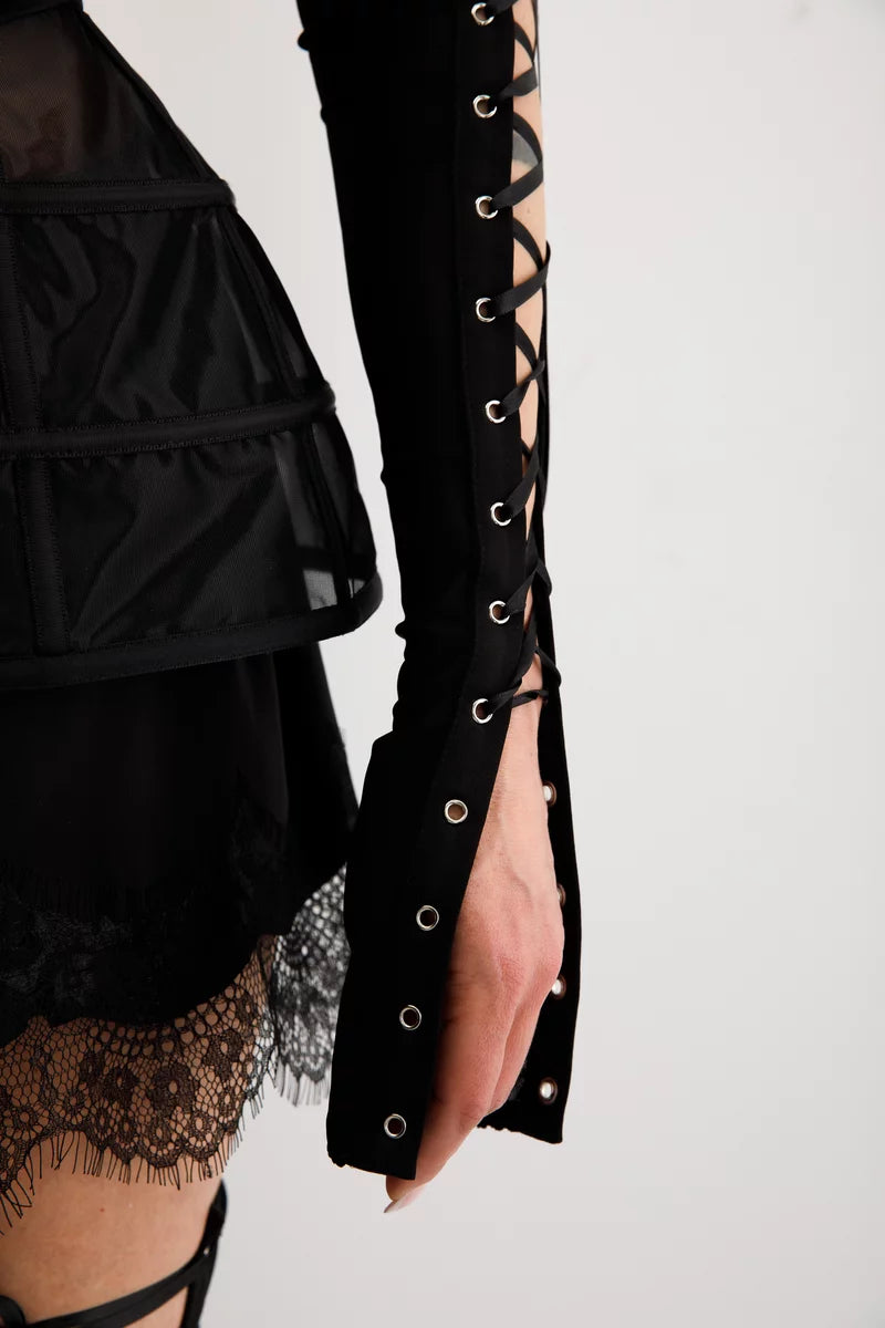 Black long stretch mesh lace-up gloves