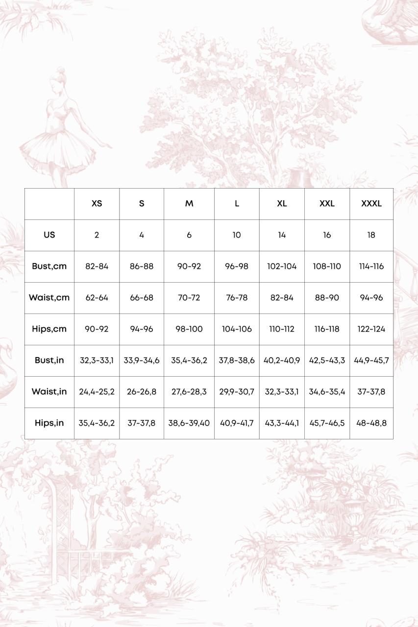 A size chart table showing measurements for clothing sizes XS through XXXL.